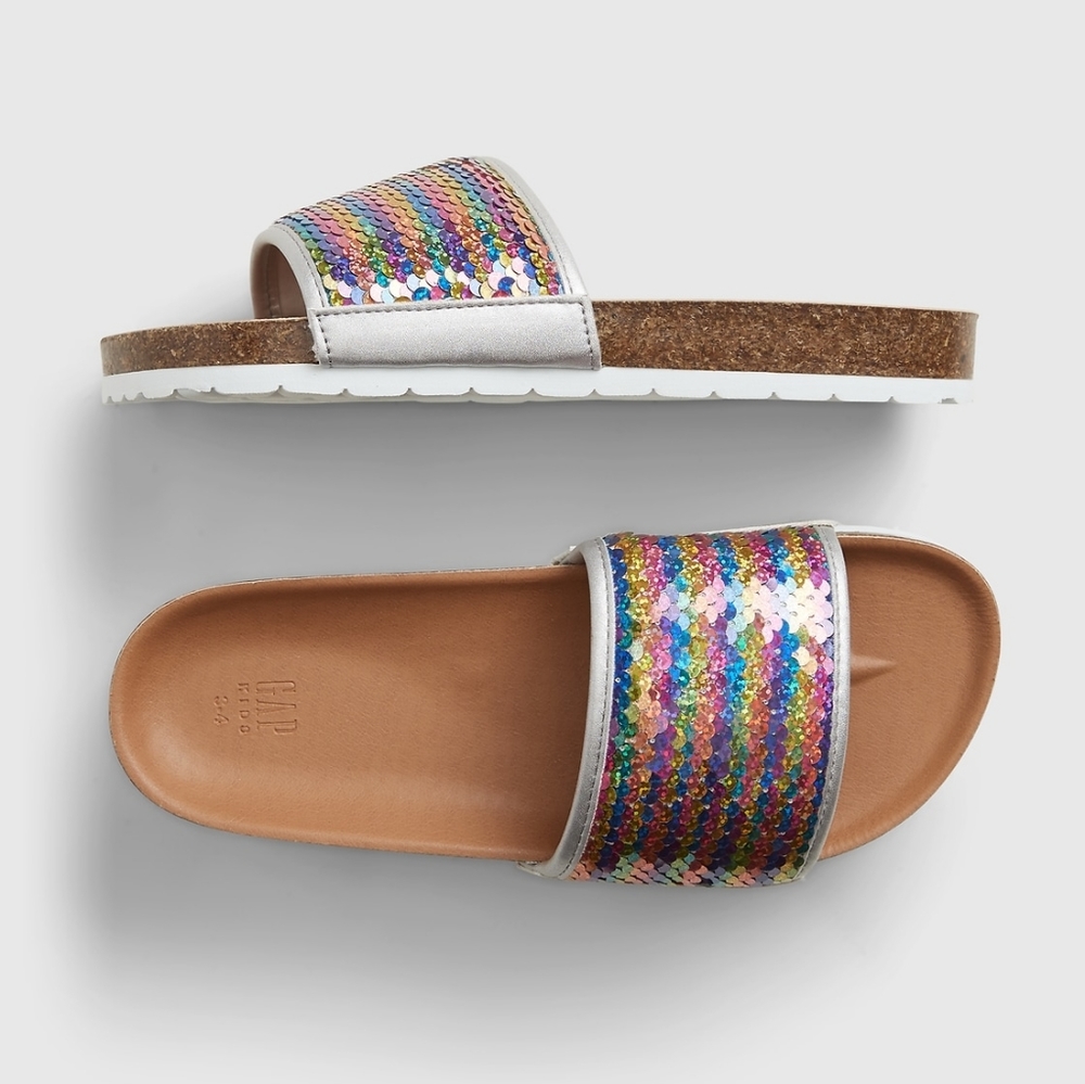 GAP flip sequin slides rainbow silver size 7.5
